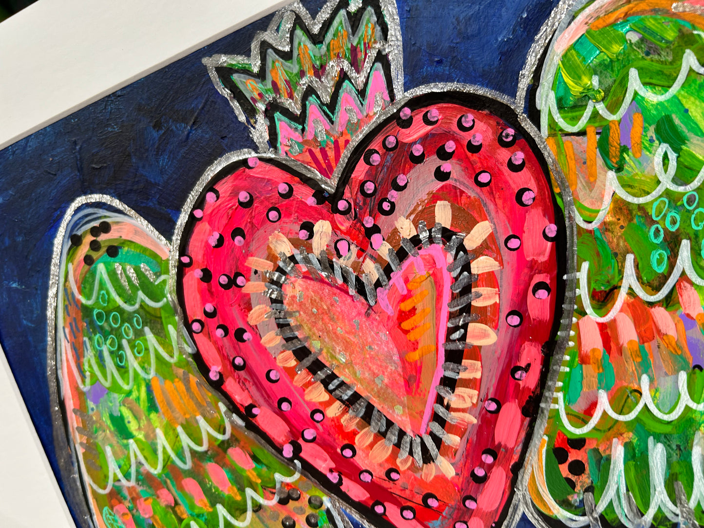 Milagro Heart Original acrylics painting on paper 8x10 in close up